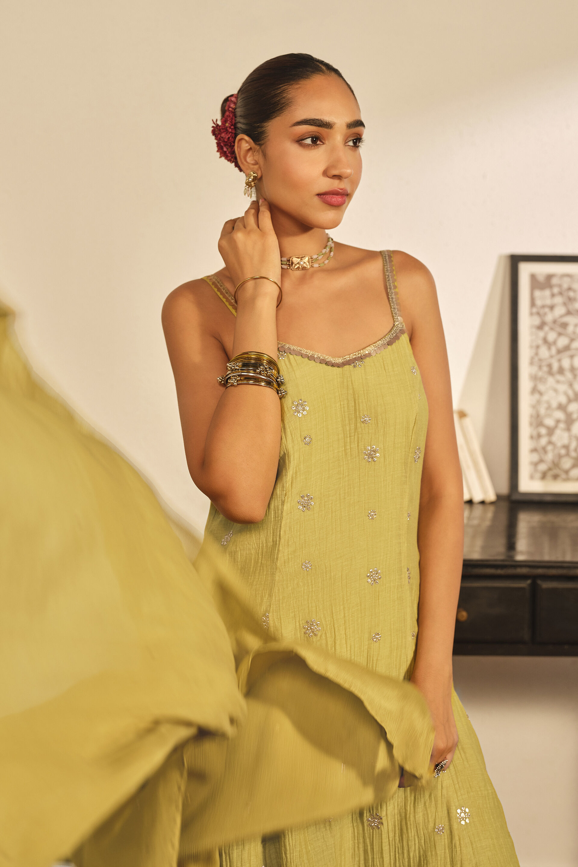 A-line Embroidered Kurta Set in Lime, Lime Green, image 5